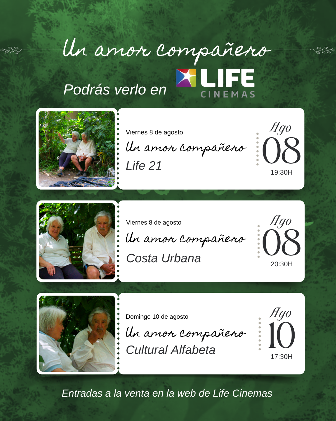 Un amor compañero podrá verse el viernes 8 de agosto en Life 21 (19:30 h) y Costa Urbana (20:30 h), y el domingo 10 de agosto en Cultural Alfabeta (17:30 h). Las entradas ya están disponibles en la web de Life Cinemas.