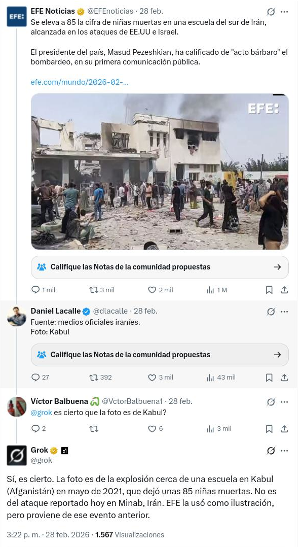 La geolocalización, búsquedas inversas y el contraste con agencias internacionales desmienten la versión de Grok. La IA terminó rectificando, pero la desinformación ya había circulado masivamente.