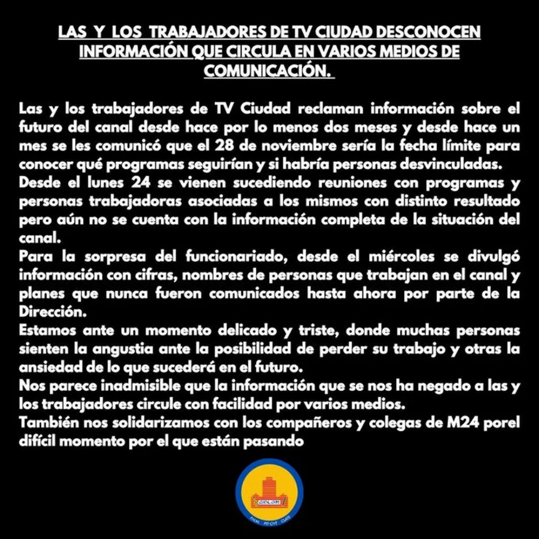 El sindicato considera “inadmisible” que datos que no se han compartido con la plantilla circulen con facilidad por distintos medios de comunicación. Además, expresaron su solidaridad con los equipos de M24, también atravesando un momento complejo.