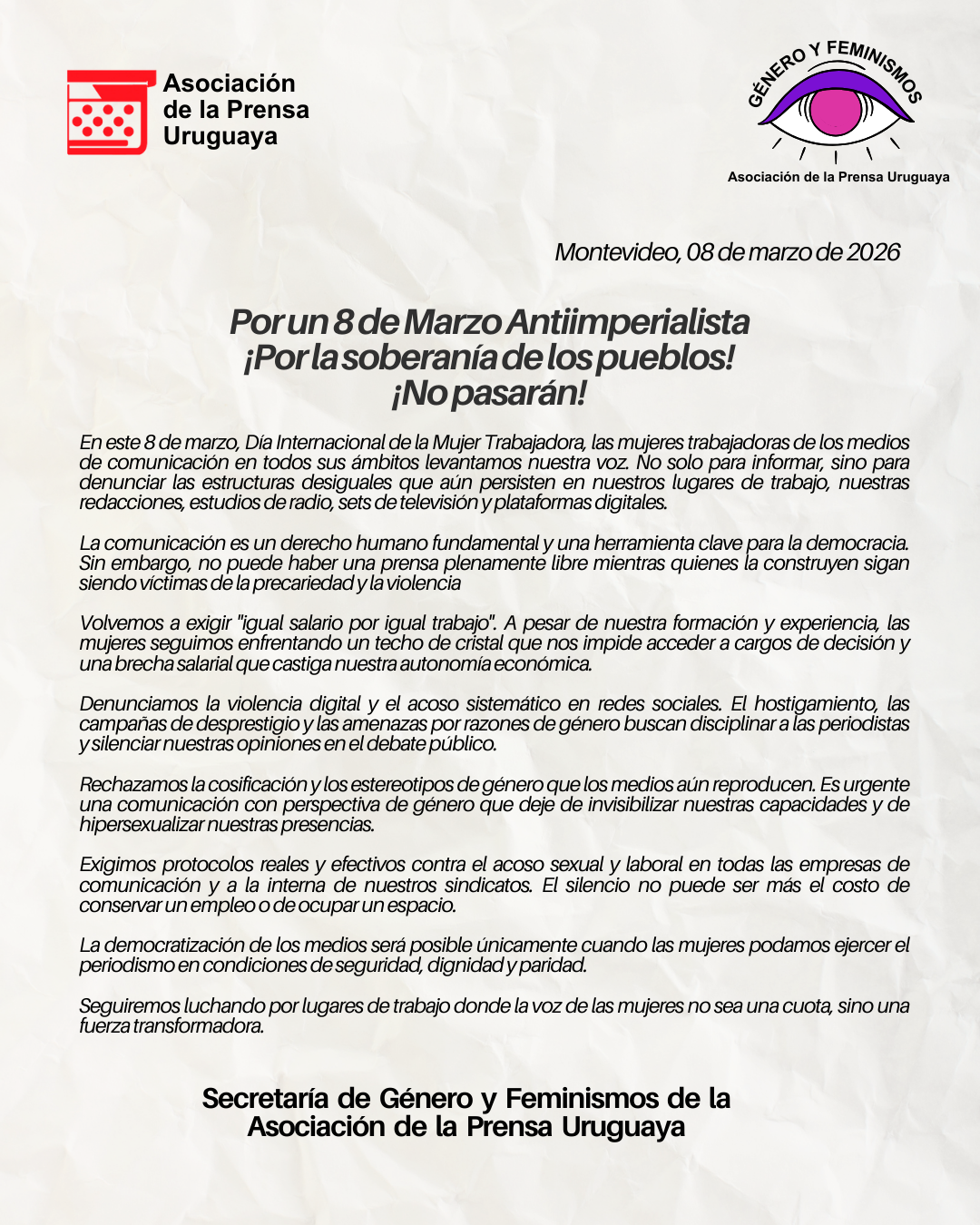 Desde la Secretaría también se reclama la implementación de protocolos reales y efectivos contra el acoso sexual y laboral en las empresas de comunicación y en los propios espacios sindicales, así como la necesidad de promover una comunicación con perspectiva de género que deje de reproducir estereotipos y de invisibilizar las capacidades de las mujeres.