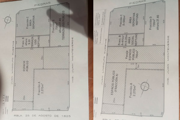 A la izquierda, plano del primer proyecto presentado en mayo de 2023 por la IM a la Junta Departamental para el predio del ex Club Neptuno. A la derecha, la segunda propuesta presentada en junio de 2024
