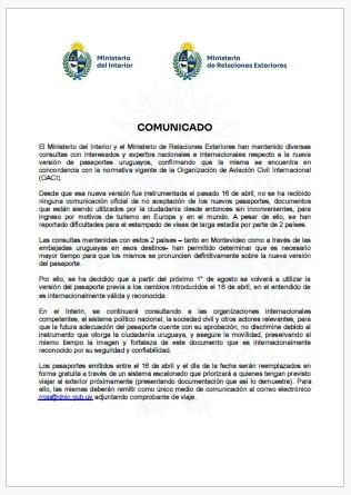 Comunicado Pasaportes